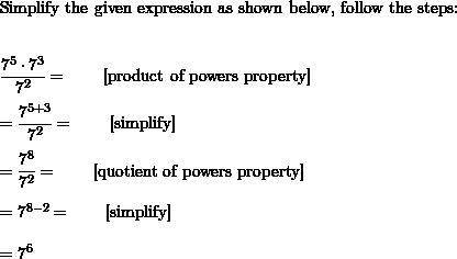 Simplify the expression. write your answer as a power. 7⁵×7³÷7²
