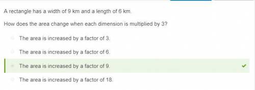 Arectangle has a width of 9 km and a length of 6 km. how does the area change when each dimension is