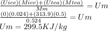 \frac{(Uice)(Mice)+(Utea)(Mtea)}{Mm} =Um\\\frac{(0)(0.024)+(313.9)(0.5)}{0.524} =Um\\Um=299.5KJ/kg