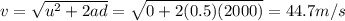 v=\sqrt{u^2 +2ad}=\sqrt{0+2(0.5)(2000)}=44.7 m/s