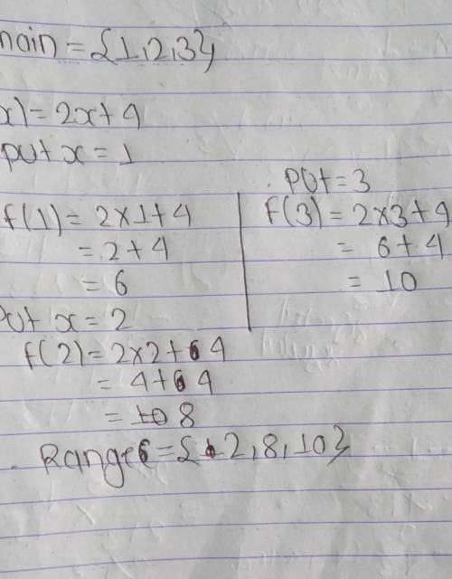Name:  algebra 1:  homework #11 what is the range of f(x) = 2x + 4 given the domain is {1,2,3}?  eva