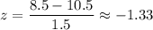 z=\dfrac{8.5-10.5}{1.5}\approx-1.33