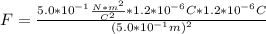 F = \frac{5.0* 10^{-1} \frac{N* m^{2} }{ C^{2}} * 1.2 * 10^{-6} C * 1.2 * 10^{-6} C }{(5.0* 10^{-1} m)^{2}}