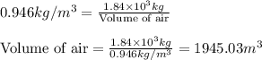 0.946kg/m^3=\frac{1.84\times 10^3kg}{\text{Volume of air}}\\\\\text{Volume of air}=\frac{1.84\times 10^3kg}{0.946kg/m^3}=1945.03m^3