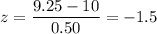 z=\dfrac{9.25-10}{0.50}=-1.5