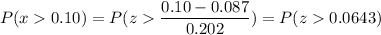 P( x  0.10) = P( z  \displaystyle\frac{0.10 - 0.087}{0.202}) = P(z  0.0643)