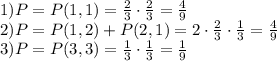 1) P=P(1,1)=\frac{2}{3}\cdot\frac{2}{3}=\frac{4}{9}\\&#10;2)P=P(1,2)+P(2,1)=2\cdot \frac{2}{3}\cdot \frac{1}{3}=\frac{4}{9}\\&#10;3)P=P(3,3)=\frac{1}{3}\cdot\frac{1}{3}=\frac{1}{9}