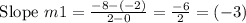 \text { Slope } m 1=\frac{-8-(-2)}{2-0}=\frac{-6}{2}=(-3)