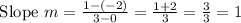 \text { Slope } m=\frac{1-(-2)}{3-0}=\frac{1+2}{3}=\frac{3}{3}=1