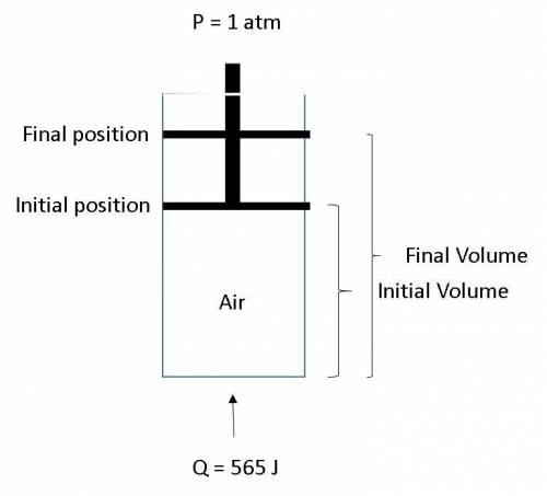 The air within a piston equipped with a cylinder absorbs 565 j of heat and expands from an initial v