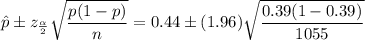 \hat{p} \pm z_\frac{\alpha }{2}\sqrt{\dfrac{p(1-p)}{n}} = 0.44 \pm (1.96)\sqrt{\dfrac{0.39(1-0.39)}{1055}}