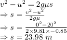 v^2-u^2=2g\mu s\\\Rightarrow s=\frac{v^2-u^2}{2g\mu}\\\Rightarrow s=\frac{0^2-20^2}{2\times 9.81\times -0.85}\\\Rightarrow s=23.98\ m