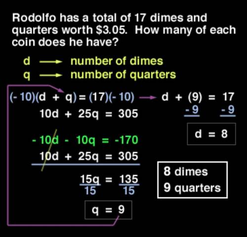 Rodolfo has 17 dimes and quarters worth $3.05. how many quarters does he have?  how many dimes?