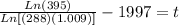 \frac{Ln(395)}{Ln[(288)(1.009)]}-1997 =t