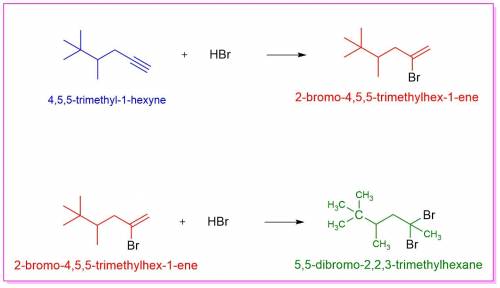 Draw the alkane formed when 4,5,5-trimethyl-1-hexyne is treated with two equivalents of hbr.