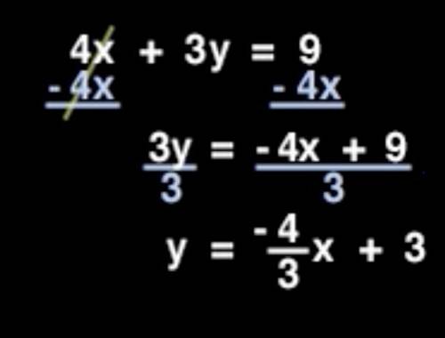 Write the following equation in slope intercept :   4x + 3y = 9