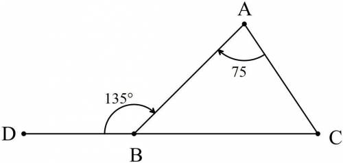 Triangle a b c is shown with its exterior angles. line c b extends through point d. line b c extends