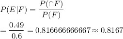 P(E|F)=\dfrac{P(\cap F)}{P(F)}\\\\=\dfrac{0.49}{0.6}=0.816666666667\approx0.8167