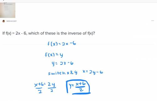 if f(x) = 2x - 6, which of these is the inverse of f(x)?