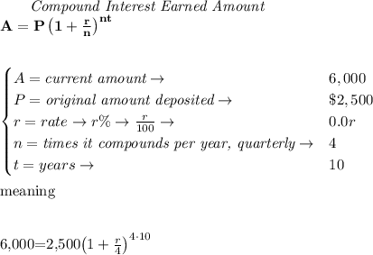 \bf \qquad \textit{Compound Interest Earned Amount}\\&#10;A=P\left(1+\frac{r}{n}\right)^{nt}&#10;&#10;\\ \quad \\&#10;&#10;\begin{cases}&#10;A=\textit{current amount}\to &6,000\\&#10;P=\textit{original amount deposited}\to &\$2,500\\&#10;r=rate\to r\%\to \frac{r}{100}\to &0.0r\\&#10;n=\textit{times it compounds per year, quarterly}\to &4\\&#10;t=years\to &10&#10;\end{cases}&#10;\\ \quad \\&#10;meaning&#10;\\ \quad \\&#10;&#10;6,000=2,500\left(1+\frac{r}{4}\right)^{4\cdot 10}