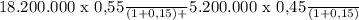 \frac{ $18.200.000 x 0,55}{(1+0,15)} + \frac{ $5.200.000 x 0,45}{(1+0,15)}