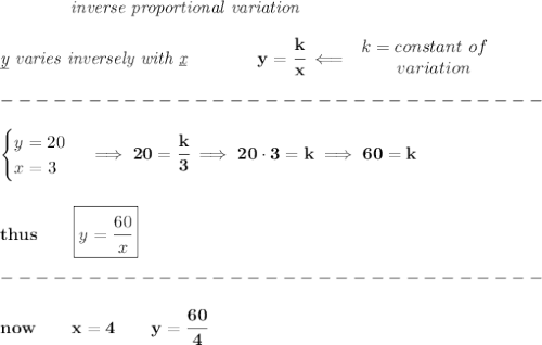 \bf \qquad \qquad \textit{inverse proportional variation}\\\\&#10;\textit{\underline{y} varies inversely with \underline{x}}\qquad \qquad  y=\cfrac{k}{x}\impliedby &#10;\begin{array}{llll}&#10;k=constant\ of\\&#10;\qquad  variation&#10;\end{array}\\\\&#10;-------------------------------\\\\&#10;\begin{cases}&#10;y=20\\&#10;x=3&#10;\end{cases}\implies 20=\cfrac{k}{3}\implies 20\cdot 3=k\implies 60=k&#10;\\\\\\&#10;thus\qquad \boxed{y=\cfrac{60}{x}}\\\\&#10;-------------------------------\\\\&#10;now\qquad x=4\qquad y=\cfrac{60}{4}