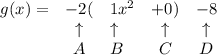 \bf \begin{array}{lclcclll}&#10;g(x)=&-2(&1x^2&+0)&-8\\&#10;&\uparrow &\uparrow &\uparrow &\uparrow \\&#10;&A&B&C&D &#10;\end{array}