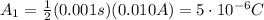 A_1 = \frac{1}{2}(0.001 s)(0.010 A)=5\cdot 10^{-6} C