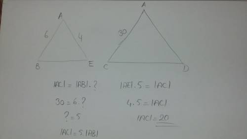 In the diagram, ab is 6 units, bc is 30 units, and ae is 4 units. if ? abe is similar to ? acd by th
