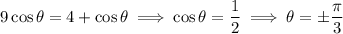 9\cos\theta=4+\cos\theta\implies \cos\theta=\dfrac12\implies\theta=\pm\dfrac\pi3