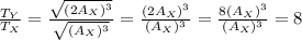 \frac{T_Y}{T_X} =  \frac{\sqrt{(2A_X)^3}}{\sqrt{(A_X)^3}}  = \frac{(2A_X)^3}{(A_X)^3} = \frac{8(A_X)^3}{(A_X)^3} =8
