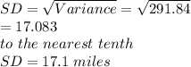 SD = \sqrt{Variance} =\sqrt{291.84} \\=17.083\\to\ the\ nearest\ tenth\\SD=17.1\ miles