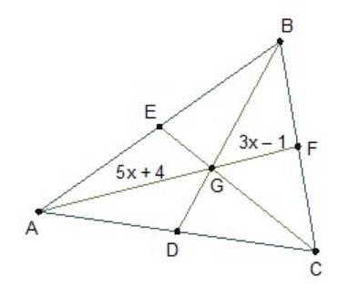 Point g is the centroid of triangle abc. ag = (5x + 4) units and gf = (3x – 1) units. what is af?  1