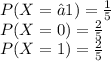 P(X = −1) = \frac{1}{5} \\ P(X = 0) =\frac{2}{5}\\ P(X = 1) = \frac{2}{5}