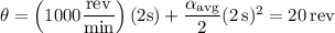 \theta=\left(1000\dfrac{\rm rev}{\rm min}\right)(2\mathrm s)+\dfrac{\alpha_{\rm avg}}2(2\,\mathrm s)^2=20\,\mathrm{rev}