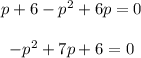 \begin{array}{c}{p+6-p^{2}+6 p=0} \\\\ {-p^{2}+7 p+6=0}\end{array}