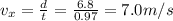 v_x = \frac{d}{t}=\frac{6.8}{0.97}=7.0 m/s