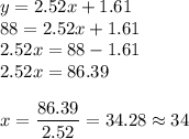 y = 2.52x + 1.61\\88 = 2.52x + 1.61\\2.52x = 88 - 1.61\\2.52x = 86.39\\\\x = \displaystyle\frac{86.39}{2.52} = 34.28 \approx 34