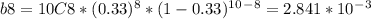 b8 = 10C8 * (0.33)^8 * (1-0.33)^1^0^-^8 = 2.841 * 10^-^3