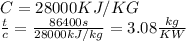 C=28000KJ/KG\\\frac{t}{c} =\frac{86400s}{28000kJ/kg} =3.08\frac{kg}{KW}