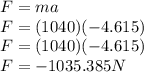 F = ma \\ F = (1040)(-4.615) \\ F = (1040)(-4.615) \\ F = -1035.385 N