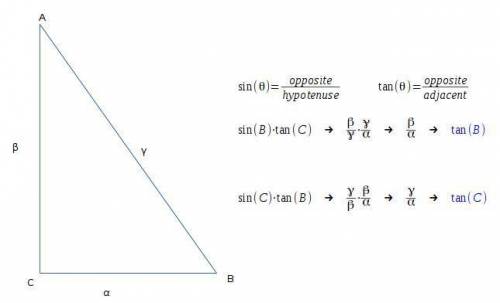 In a right triangle, what is the product of sin b and tan c and product of sin c and tan b