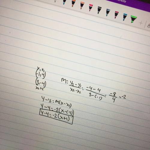What is an equation in point-slope form for the line that passes through the points (-1, 4) and (3,
