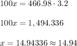 100x=466.98\cdot 3.2\\ \\100x=1,494.336\\ \\x=14.94336\approx 14.94