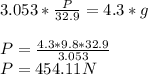3.053*\frac{P}{32.9} = 4.3 * g\\\\P = \frac{4.3*9.8*32.9}{3.053} \\P= 454.11 N
