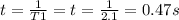 t=\frac{1}{T1}=t= \frac{1}{2.1}=0.47s