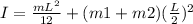 I = \frac{mL ^ 2}{12}+(m1 + m2) (\frac{L}{2} )^2