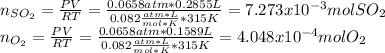 n_{SO_2}=\frac{PV}{RT}=\frac{0.0658atm*0.2855L}{0.082\frac{atm*L}{mol*K}*315K} =7.273x10^{-3}molSO_2 \\n_{O_2}=\frac{PV}{RT}=\frac{0.0658atm*0.1589L}{0.082\frac{atm*L}{mol*K}*315K} =4.048x10^{-4}molO_2