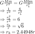 G\frac{Mm}{r^2}=G\frac{M6m}{r_b^2}\\\Rightarrow \frac{1}{r^2}=\frac{6}{r_b^2}\\\Rightarrow \frac{r_b^2}{r^2}=6\\\Rightarrow \frac{r_b}{r}=\sqrt{6}\\\Rightarrow r_b=2.44948r