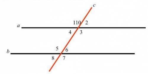 Lines a and b are parallel. what is the measure of < 8 if < 1 measures 110  a)35 b)55 c)70 d)1